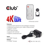 Club3D Video prepínač 4:1 HDMI 2.0 4K60Hz UHD, 4 porty