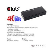 Club3D Rozdeľovač videa 1:4 HDMI 2.0 4K60Hz UHD, 4 porty