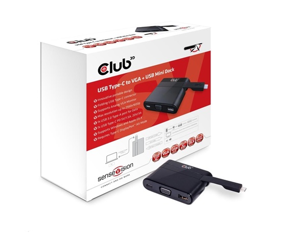 Club3D Dokovací stanice USB-C 3v1, 1xVGA, 1xUSB-C, 1xUSB, černá