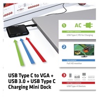 Club3D Dokovací stanice USB-C 3v1, 1xVGA, 1xUSB-C, 1xUSB, černá