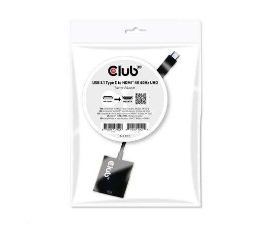 Aktívny USB adaptér Club3D 3.1 Typ C na HDMI 2.0 UHD 4K60Hz HDR, 17 cm