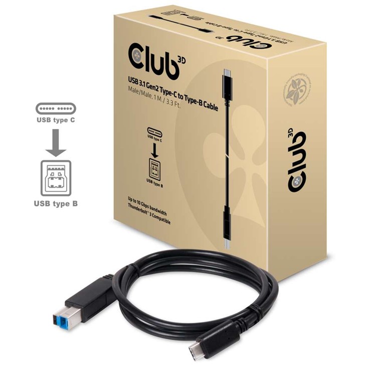 Obr. Club-3D USB 3.1 TYPE C GEN 2 MALE (10Gbps) to TYPE B MALE Cable 1Meter / 3.28 Feet 875278a