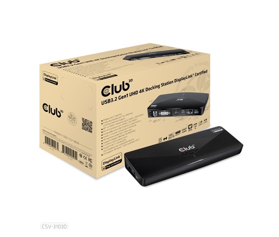 Club3D Dokovací stanice USB 3.2 Gen1 UHD 4K s certifikací DisplayLink®, 1xHDMI, 1xDP, 1xDVI-D