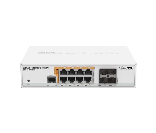 MikroTik Cloud Router Switch CRS112-8P-4S-IN, 400MHz CPU, 128MB RAM, 8xLAN, PoE max. 67W, 4xSFP slot, vrátane. Licencia L5