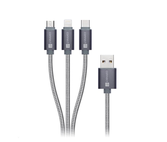 CONNECT IT Wirez 3v1 USB-C & Micro USB & Lightning, strieborná sivá, 1,2 m