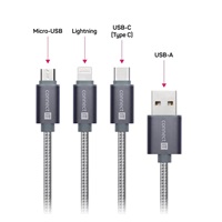 CONNECT IT Wirez 3v1 USB-C & Micro USB & Lightning, strieborná sivá, 1,2 m