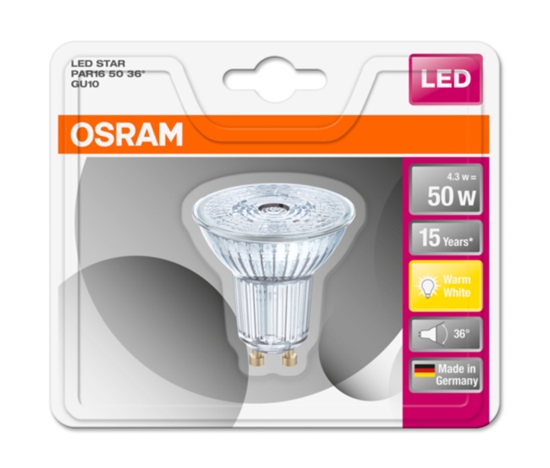 OSRAM LED STAR PAR16 36° 4,3W 827 GU10 350lm 2700K (CRI 80) 15000h A+ (Blistr 1ks)