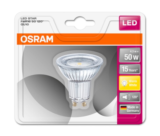 OSRAM LED STAR PAR16 120° 4,3W 827 GU10 350lm 2700K (CRI 80) 15000h A+ (Blistr 1ks)