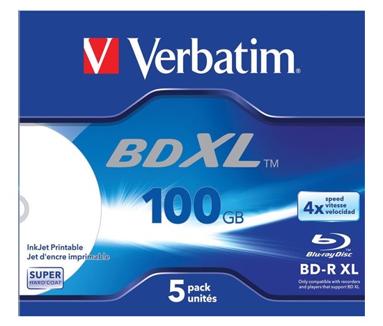 VERBATIM BD-R XL (5-pack)Blu-Ray/Jewel/DL/4x/100GB/ ŠIROKÝ BIELY INKJETOVÝ TLAČIVÝ POVRCH